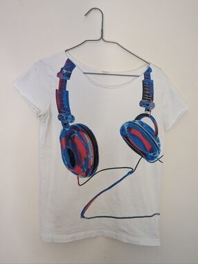 NEXT White Tee with Blue and Red Headphones Graphic